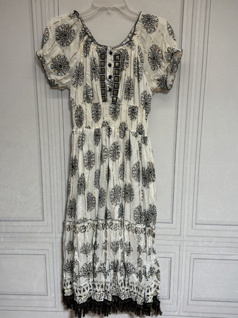 Me 2 Magic Anthropologie Sequin Embroidered Gold Tiered Fringe Boho Dress S